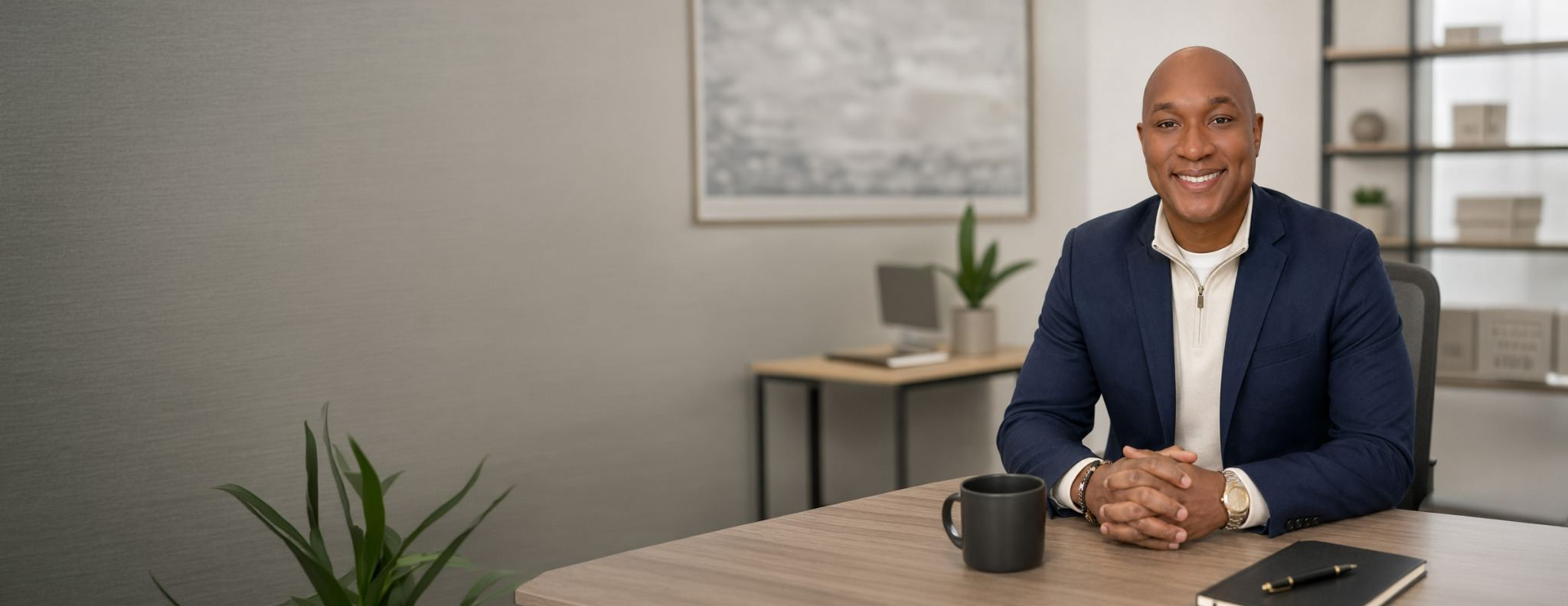A medical career adviser seated at a desk in a professional office