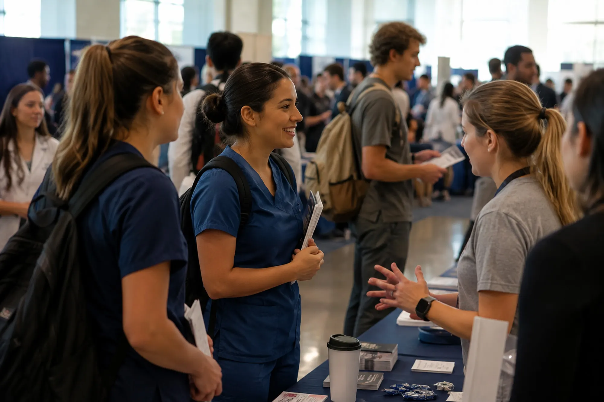 Students speaking with recruiters at a medical career fair
